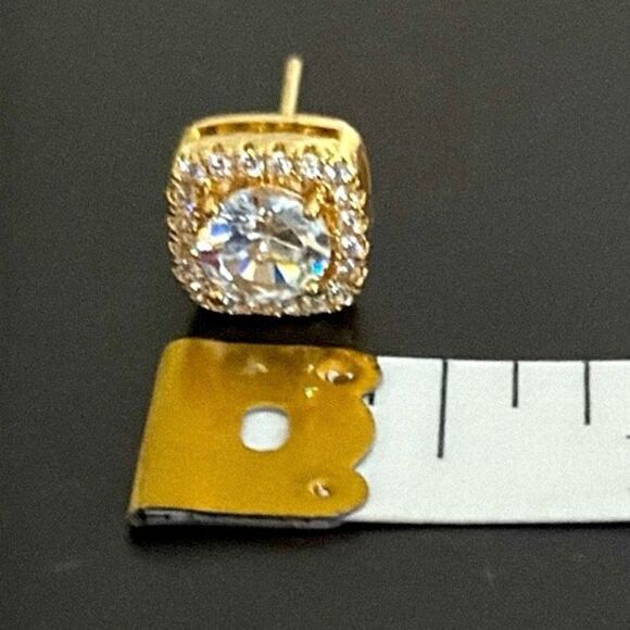 Fireframe Square Halo Earrings – .4” Gold Plated Brilliant Cut CZ Studs for Men - Picture 7 of 9